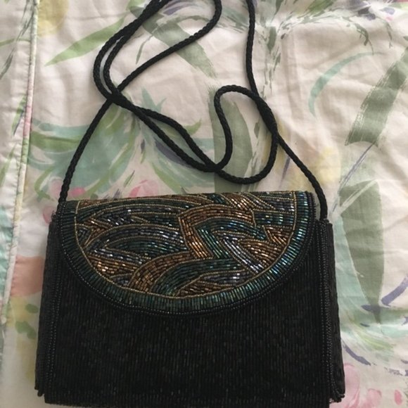 Talbots black green and gold beaded clutch purse - Picture 2 of 5